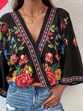 Floral Feaux Wrap Blouse  Large NWOT
